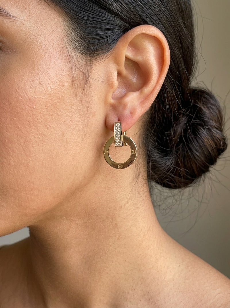 Aretes de oro 14k tipo diseñador de círculo con tornillos y circonias Mod 6350 - 2 cm