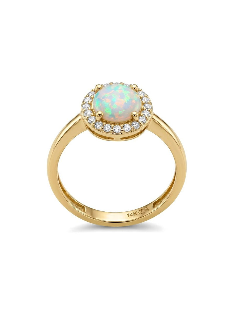 Anillo de oro 14k con ópalo redondo y halo de circonias Mod 6356