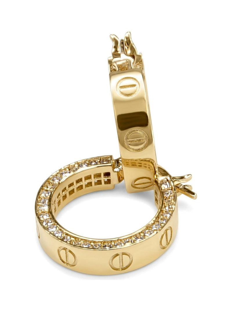 Huggies de oro 14k tipo diseñador con tornillos grabados y pavé de circonias Mod 6360 - 1.5 cm