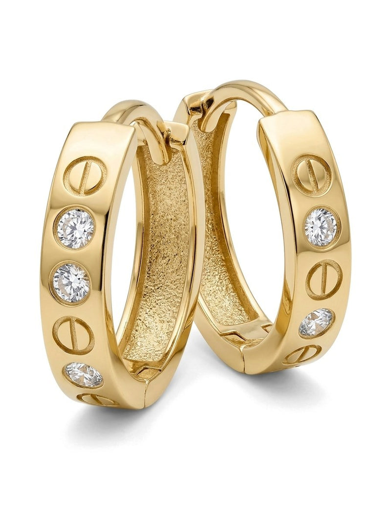 Huggies de oro 14k tipo diseñador con tornillos grabados y circonias Mod 6361 - 1.8 cm