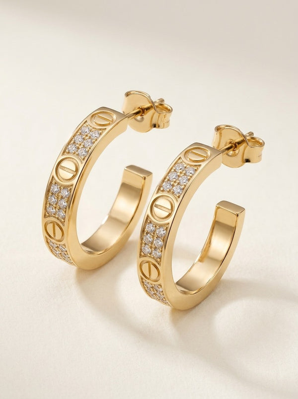 Arracadas de oro 14k tipo diseñador con tornillos y pavé de circonias Mod 6362 - 2 cm
