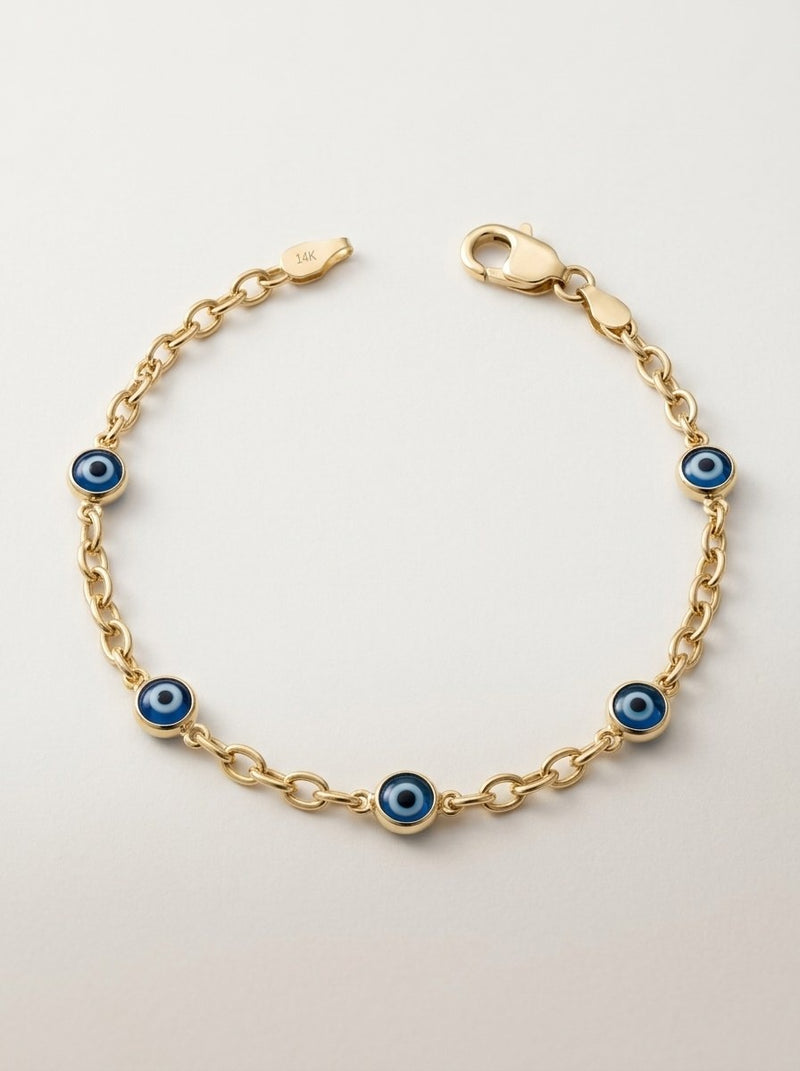 Pulsera de oro 14k con ojos turcos azules y eslabón ovalado Mod 6364 - 18 cm