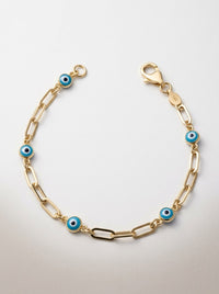 Pulsera de oro 14k paper clip con ojos turcos azules Mod 6365 - 18 cm