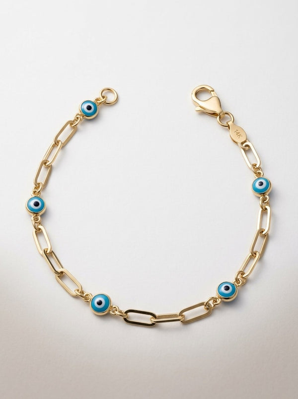 Pulsera de oro 14k paper clip con ojos turcos azules Mod 6365 - 18 cm