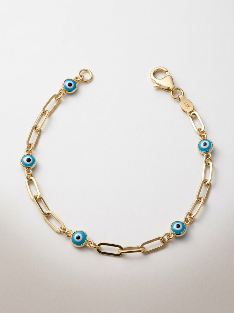 Pulsera de oro 14k paper clip con ojos turcos azules Mod 6365 - 18 cm