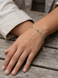 Pulsera de oro 14k paper clip con ojos turcos azules Mod 6365 - 18 cm