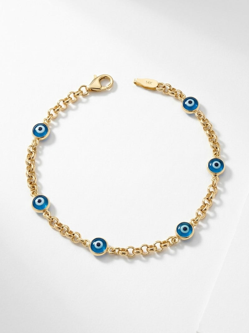 Pulsera de oro 14k tejido rolo con ojos turcos azules Mod 6366 - 18 cm