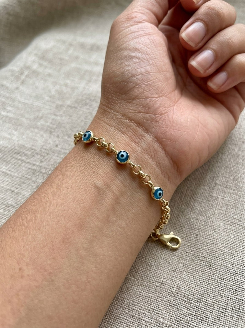 Pulsera de oro 14k tejido rolo con ojos turcos azules Mod 6366 - 18 cm