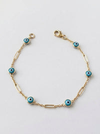 Pulsera de oro 14k fina con ojos turcos azules y eslabones alargados Mod 6368 - 18 cm