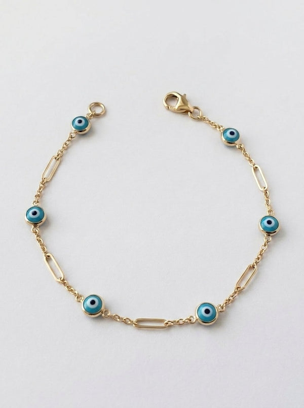 Pulsera de oro 14k fina con ojos turcos azules y eslabones alargados Mod 6368 - 18 cm