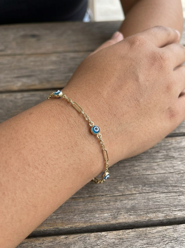 Pulsera de oro 14k fina con ojos turcos azules y eslabones alargados Mod 6368 - 18 cm