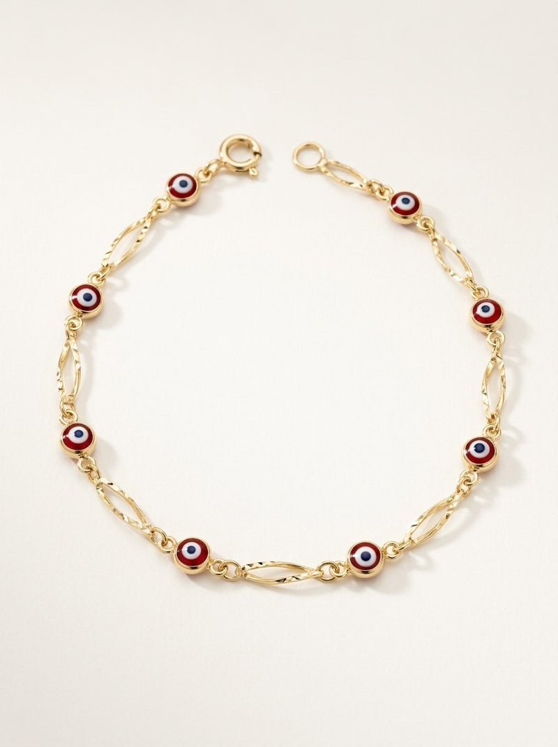 Pulsera de oro 14k con ojos turcos rojos Mod 6369 - 18 cm