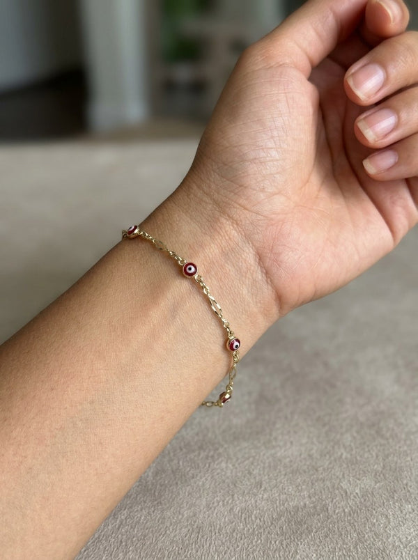 Pulsera de oro 14k con ojos turcos rojos Mod 6369 - 18 cm