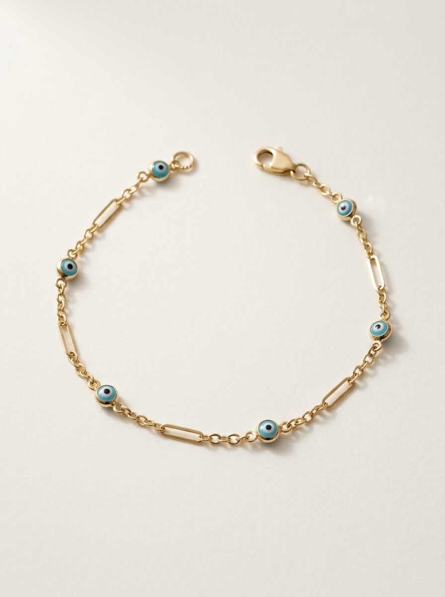 Pulsera de oro 14k fina con ojos turcos azules y eslabones alargados Mod 6370 - 18 cm