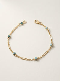 Pulsera de oro 14k fina con ojos turcos azules y eslabones alargados Mod 6370 - 18 cm