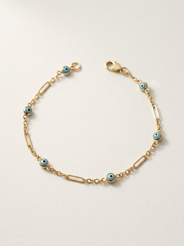 Pulsera de oro 14k fina con ojos turcos azules y eslabones alargados Mod 6370 - 18 cm