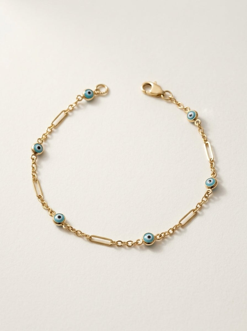 Pulsera de oro 14k fina con ojos turcos azules y eslabones alargados Mod 6370 - 18 cm