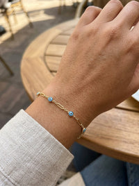 Pulsera de oro 14k fina con ojos turcos azules y eslabones alargados Mod 6370 - 18 cm