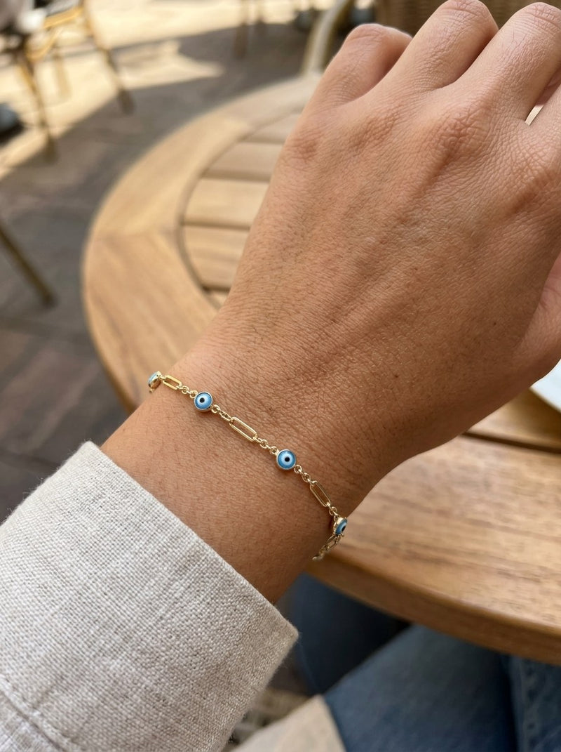 Pulsera de oro 14k fina con ojos turcos azules y eslabones alargados Mod 6370 - 18 cm