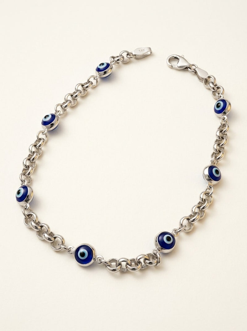 Pulsera de oro blanco 14k tejido rolo con ojos turcos azules Mod 6371 - 18 cm
