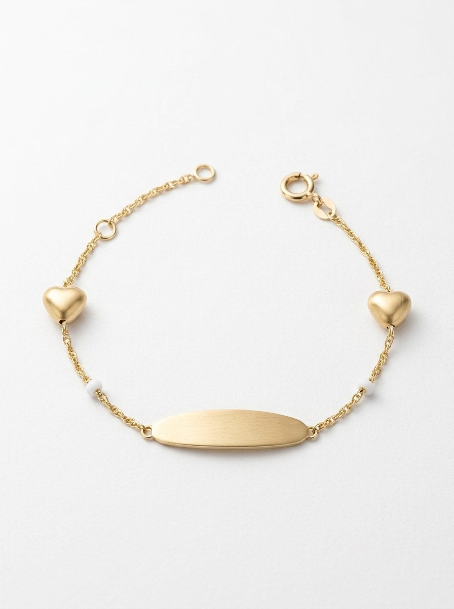 Esclava kids de oro 14k con corazones satinados y placa ovalada Mod 6381 - 12/14 cm