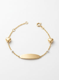 Esclava kids de oro 14k con corazones satinados y placa ovalada Mod 6381 - 12/14 cm