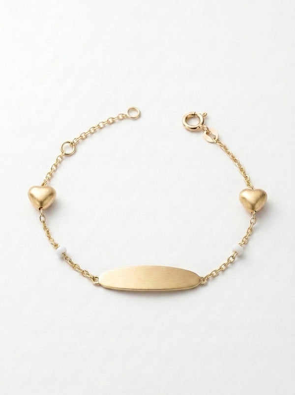 Esclava kids de oro 14k con corazones satinados y placa ovalada Mod 6381 - 12/14 cm