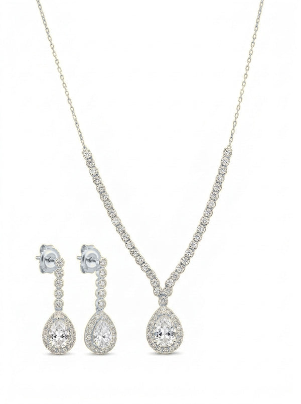 Set de oro blanco 14k de gargantilla y aretes con gota de circonias Mod 6383 - 45 cm
