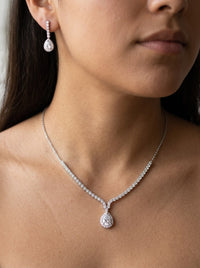Set de oro blanco 14k de gargantilla y aretes con gota de circonias Mod 6383 - 45 cm