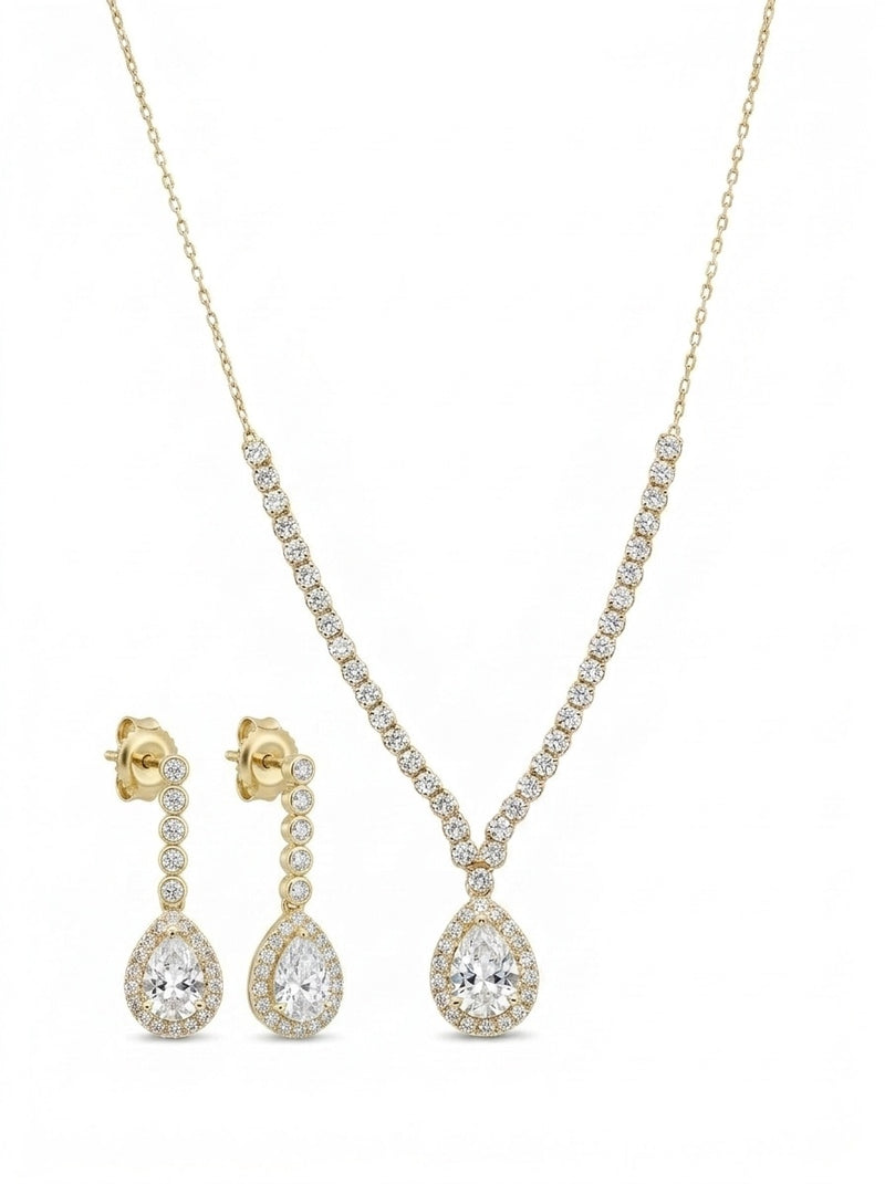 Set de oro 14k de gargantilla y aretes con gota de circonias Mod 6384 - 45 cm